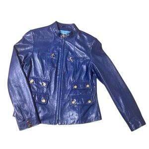 Vintage Y2K  Doncaster Sport Blue Genuine Leather Moto Blazer Jacket Size 12
